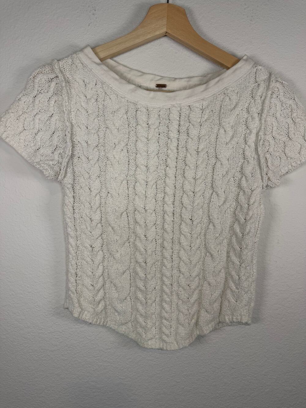 Free People Womens S Cream Cable Knit Short Sleeve Sweater Boho Cottagecore